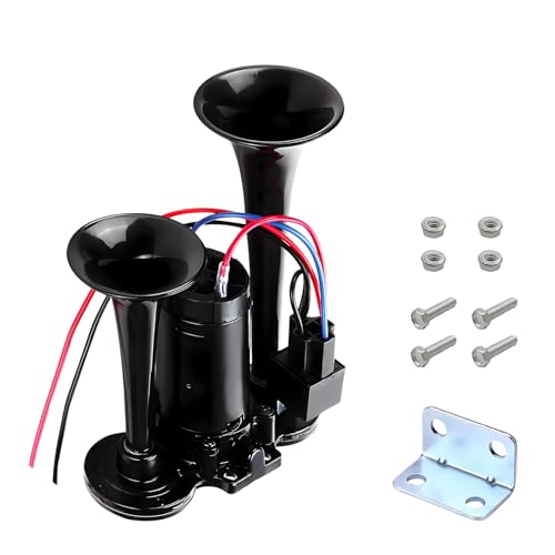 KAUEGOW 12V Car Air Horn, 120DB Super Loud Dual Trumpets Vehicle Electric Horns Kit with Compressor, 12V Waterproof Air Horn Speaker Replacement for Cars Trucks Motorcycles (Black)
