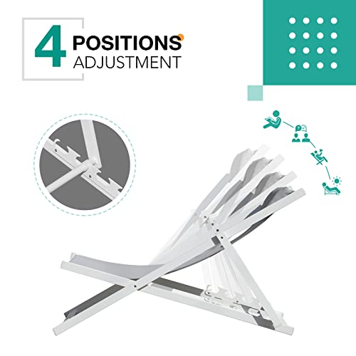 Patiorama Outdoor Folding Beach Sling Chairs Set Of 2, Aluminum Patio Lounge Chair, Portable Beach Chairs, Adjustable Reclining Chairs W/Cushioned Headrest For Pool, Balcony, White Frame & Grey Mesh #TOP6