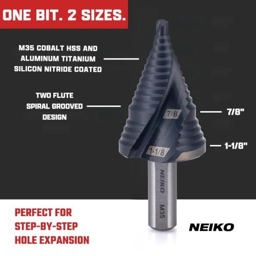 Image of NEIKO 10627B Step Drill Bit, 2 Steps 7 /8 inch to 1-1 /8 inch Spiral M35 Cobalt, AlTiSiN Coated, 3 /8 inch Tri-Flat Step Bits for Steel, Metal, Wood, Plastic, Unibit Cone Drill Bits, Two Flute