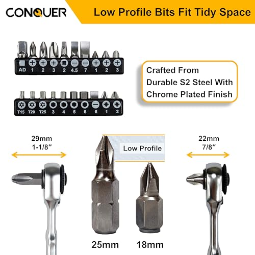 Image of CONQUER 22pc 1 /4 Ultra Low Profile Mini Ratchet Close Quarter Mini Screwdriver Set with High Torque - Right Angle EDC Tool with 72-Tooth Gear head and Spin Disk for Tight Spaces