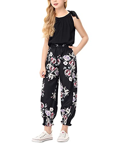 Geru Girls Rompers Halter Tie Up Sleeveless Casual Jumpsuits Floral Printed Long Pants With 2 Pockets 5-6Y #TOP13