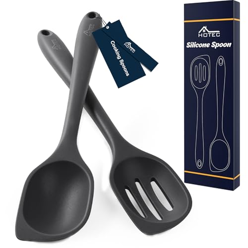 Hotec Heat Resistant Silicone Cooking Spoon Spatula, Large Kitchen Solid And Slotted Spoons For Mixing, Serving, Scraping, Non-Stick, Dishwasher Safe Black 12.5Inch