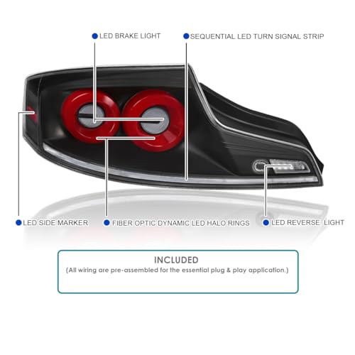 SPEC-D TUNING Black Full LED Tail Lights w/Red Fiber Optic Halo Ring, Sequential Turn Signal, and Startup Animation Compatible with 2003-2007 Infiniti G35, Left + Right Pair Assembly