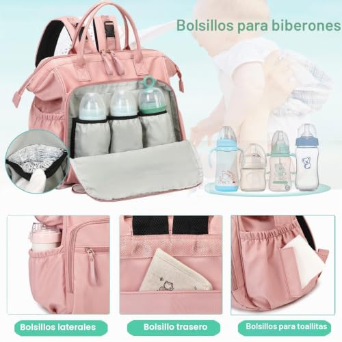 Miniatura 3 de Loradi Bolsa De Pañales Convertible, Amplia Parte Superior Abierta, 14 Bolsillos, Con Hebilla Para Cochecito, Resistente Al Agua, Beige, L, Bolsa Para Pañales