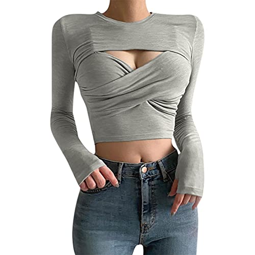 Women's Autumn Long Sleeve Shirts Women Fashion Popular Hollow Out Crop Top Long Sleeve Solid Color Slim Skinny Graphic T Shirts Pullover Women's Tops Long Sleeve ( Color : B , Size : M Size ) #TOP14