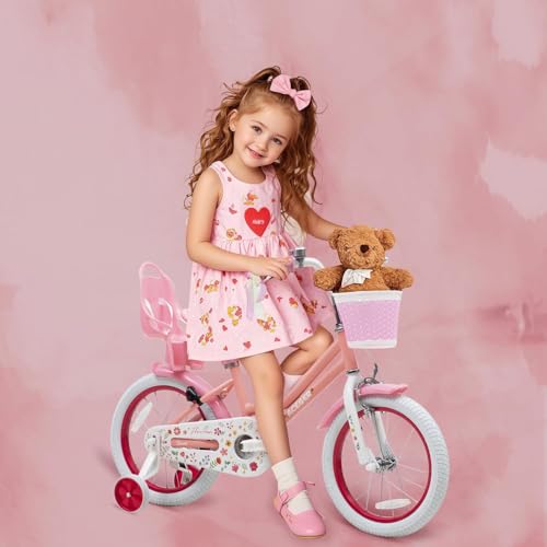 Image of Bixike Princess Style Girls Bike with Basket for 2-13 Years Old Kids and Toddlers, 12 14 16 18 Inch Bicycle for Children with Training Wheels and Streamers, 20 Inch with Kickstand, Multiple Colors