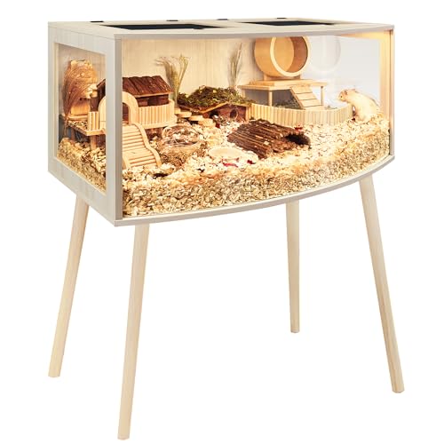 Prolee Hamster Cage with Curved Design,Chew Proof Wooden Hamsters Enclosure with Leg Stand and Openable Top or Gerbils,Hamster Habitat