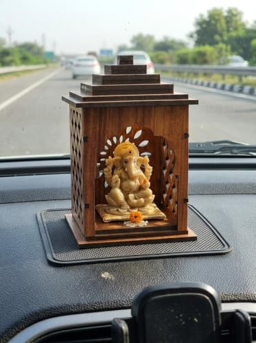 Image of Handcrafted Wooden Car Dashboard Temple, Walnut Finish, Laser-Cut Om Floral Design, MDF Mandir for Car Interior