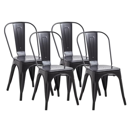 GrandCA HOME Set di 4 Sedie Industriali in Metallo, Sedie da Pranzo Impilabili in Stile Vintage, Adatte per Sedie da Giardino per Esterni o Interni Sedie da Patio, Nero