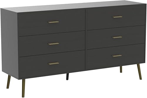 Miniatura 5 de Hitow Cómoda de 6 cajones para dormitorio, cómoda moderna y ancha doble con patas de metal, cómoda de almacenamiento para oficina en casa, cómoda