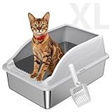 KISENG Stainless Steel Cat Litter Box, Extra Large XL Odor Free Metal Litter Box with High Sides Lid, Open Top Litter Pan Include Scoop Easy Cleaning Kitty Cat Box Anti-Urine Leakage, Non-Sticky