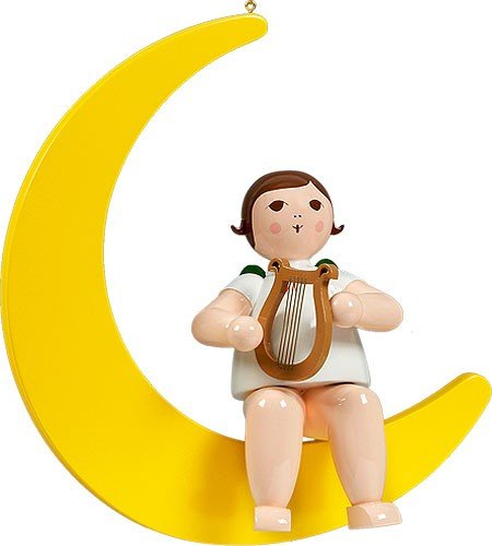 Ange de fenêtre en bois 30 cm suspension murale lune et harpe