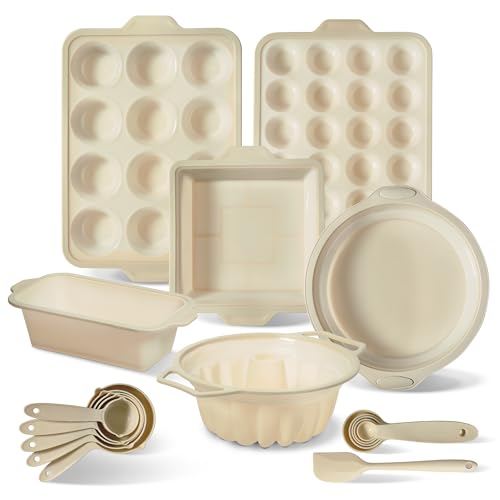 COOK WITH COLOR 17 Pc. Silicone Baking Pan Set - Non-Stick & Easy Clean Silicone Muffin Pans for Baking with Sturdy Metal Frame for Stability, Flexible Cake Molds, Includes Measuring Cups and Spoons by COOK WITH COLOR - Used condition - US$32.78