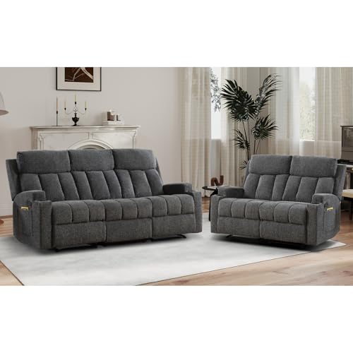 CANMOV Manual Recliner Sofa Set, Fabric Reclining Sofa Chair with Side Pockets and Cup Holders, Living Room Set Includes 3 Seat&Loveseat for Bedroom, Meeting Room, Home Theater, Dark Grey