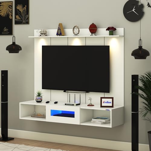 Image of Anikaa Novus PVC Back Panel Wall Mounted TV Unit with Spot & Blue Ambient LED Light - Acrylic Storage Box, Display Shelf & Soft-Close Hinges | Ideal for UP to 50 Inch TV (White - DIY Installation)