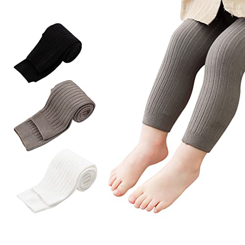 Juebm 3Packs Baby Girl Tights Cable Knit Footless Leggings Stockings Solid Cotton Pantyhose For Infant Toddler 0-4T (2-4Years, White Khaki Black) #TOP1