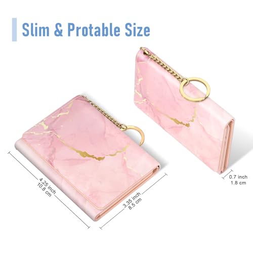 Image of Rouidr Womens Wallet, Small Slim RFID Card Wallets for Women, Cute Front Pocket Trifold Leather Card Organizer with 7 Slots & ID Window, Peach Pink Marble