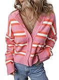 EVALESS Womens 2024 Trendy Cropped Striped Cardigans Sweaters Fashion Chunky Long Sleeve V Neck Knit Fall Winter Spring Lightweight Outerwear Coats,Pink Stripe Medium