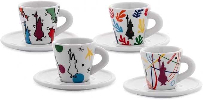 Bialetti 4-teiliges Espressotassen-Set mit Untertassen aus weißem Porzellan, konisch geformt, 60 ml Kapazität, Kunstdekorationen von Mirò, Kandisky, Haring, Matisse