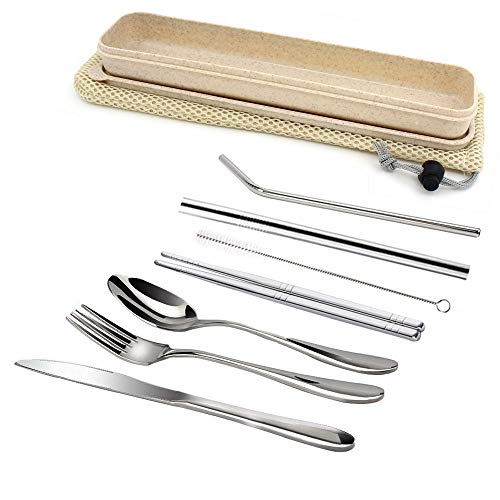 TIMGOU 7 PCs Flatware Set with Carry Case, Reusable 304 Stainless Steel Silverware of Fork, Knife, Spoon, Chopsticks, 2 Metal Straws and Cleaning Brush, Portable Travel Cutlery Set-Wheat
