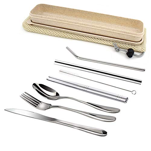 TIMGOU Portable 7 Pieces Flatware Set Reusable 304 Stainless Steel Fork Knife Spoon Chopsticks Juice Straw Smoothie Straw and Cleaning Brush Durable Travel Cutlery Set-Wheat