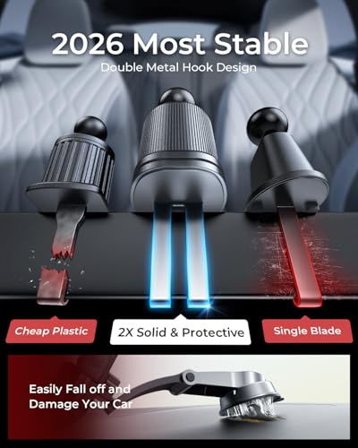 MRGLAS 2026 Upgraded Phone Holders for Your Car with New Metal Hook Clip, Handy Air Vent Cell Phone Car Mount [One Hand Operation], Universal Automobile Cradle for iPhone Android and All Smartphones
