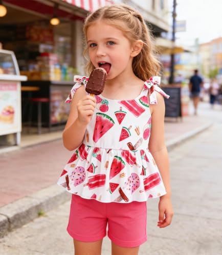 Image of Toddler Girls Clothes Summer Short Set Outfit Tie Knot Shoulder Sleeveless Ruffle Tops and Shorts 2PC Clothing Set