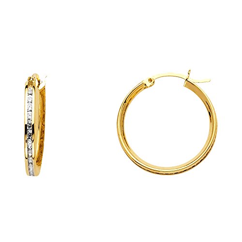 Ioka - 14K Yellow Gold 2mm Thickness CZ Stone Hoop Hinged Earrings