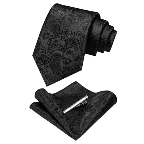 JEMYGINS Mens Solid Color Paisley Necktie and Pocket Square with Tie Clip Sets