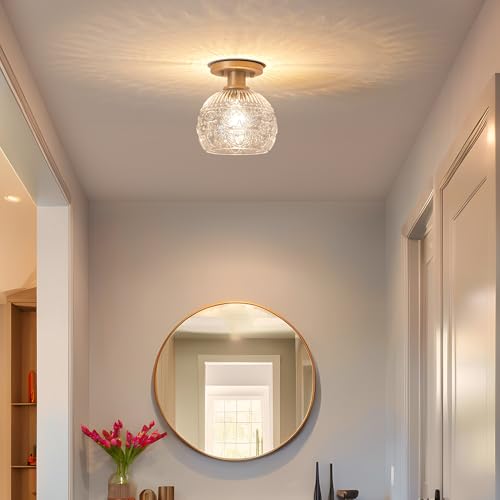 Brass Gold Semi Flush Mount Ceiling Light Fixture, Farmhouse Bathroom Light with 7.09in Glass Shade, Vintage Hallway Lights Fixture, Small Close to Ceiling Lighting for Porch Corridor Kitchen Entryway by DSMJFU DSMJFU - Used condition - Image 5