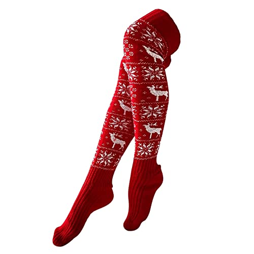 Lenugeo Warme Overknee Weihnachtsstrümpfe, Damen Gestrickte Oberschenkelhohe Weihnachtssocken, Mit Christmas Rentier & Schneeflocken | Weiß, Rot, Grau * Einheitsgröße 1 Paar Cover