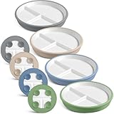 Domensi 4 Pcs 8" Large Porcelain Kids Plates with Anti-slip Silicone Sleeve Ceramic Divided Plate with Suction for Toddler Eating Microwave Dishwasher Friendly (Dark Blue,Dark Green,Gray,Beige)