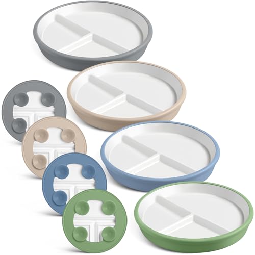 Image of Domensi 4 Pcs 8" Large Porcelain Kids Plates with Anti-slip Silicone Sleeve Ceramic Divided Plate with Suction for Toddler Eating Microwave Dishwasher Friendly (Dark Blue,Dark Green,Gray,Beige)
