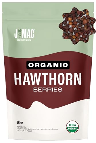 J Mac Botanicals, Organic Dried Hawthorn Berries Whole (16 oz) Hawthorn berry from Eastern Europe, certified Organic hawthorn berry tea, Hawthorne berries bulk resealable bag, Dried Hawthorn berries