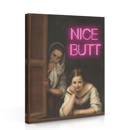 Funny Bathroom Canvas Wall Art, Vintage Two Women at a Window Wall Decor