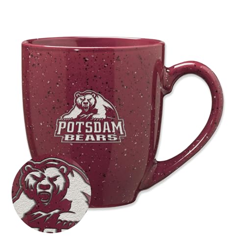 Rico Industries NCAA SUNY Potsdam Bears Primary Logo Maroon 16 oz Team Color Laser Engraved Speckled Ceramic Coffee Mug