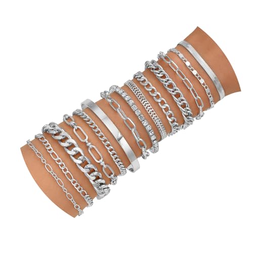 CHICUTIE Gold Bracelets for Women, Elegant 14K Gold Plated Dainty Bracelet set Trendy Link Chain Stackable Bracelets Pack Jewelry Gifts for Women (Silver, Popular chain set (14))