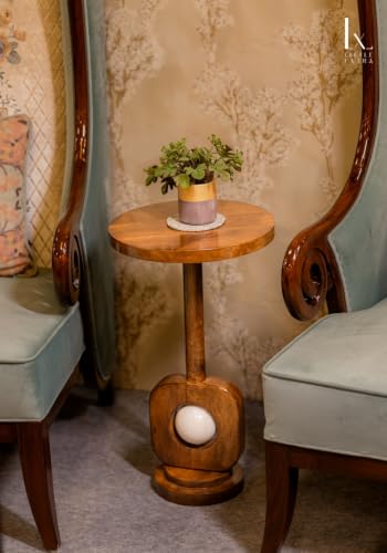 Image of Little eXtra Handcrafted Solid Wood Round Side Table with Wooden Base | Wooden Accent Table for Living Room, Bedroom & Sofa Corner | Premium Mango Wood End Table