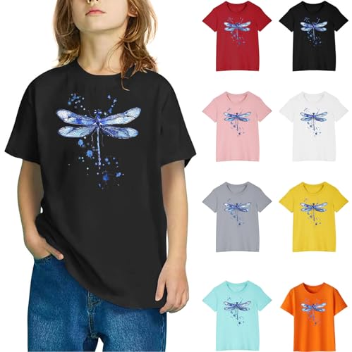 Girls Summer Cotton T-Shirts Cute Dragonfly Printed Round Neck Casual Short Sleeve Tops Loose Graphic Tees 3-10Y2