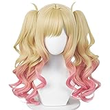 Blonde Pink Wig with Pigtails Costume Girls Women Anime Two Tone Curly Wigs for Halloween Christmas with Cap