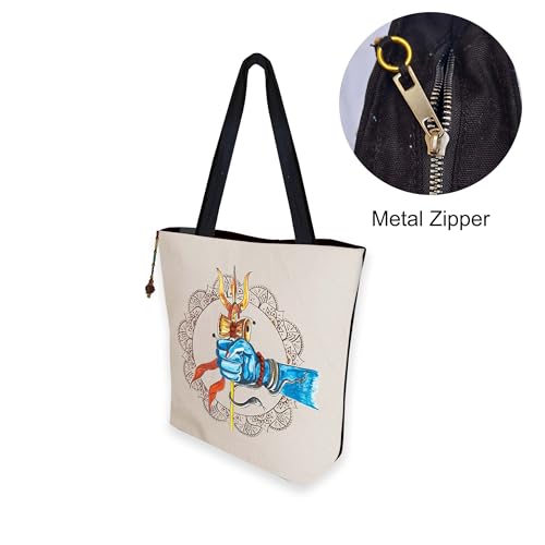 Image of Hand-Printed Tote Bag with Classical Design-Reusable, Zipper Closure For Women & Girls