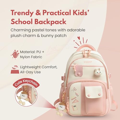 Image of Cute School Backpack for Girls - Stylish Pink & White Large Capacity Bookbag with Plush Keychain, Multiple Pockets, Lightweight Travel & College Bag
