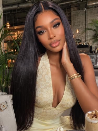 Image of KLAIYI Silky Straight Pre Everything Glueless Precut 13x4 Lace Front Wigs Human Hair Drawstring Pre Plucked Bleached Bye Bye Knots 30S Ready to Wear and Go Wigs for Black Women Natural Hairline 28Inch