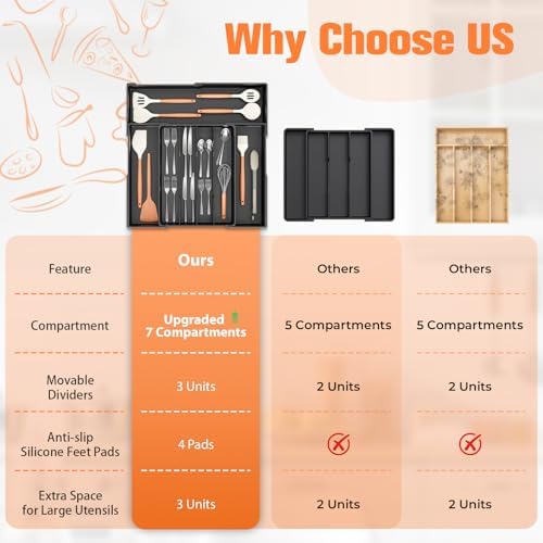 Ceecysaa Cutlery Organizer, Expandable Utensil Organizer for Kitchen, Utensil Holder, Adjustable Cutlery Tray Drawer Organizer for Spoons Forks Knives,Kitchen Organizers and Storage,Black(4-7 Slots) — view 8