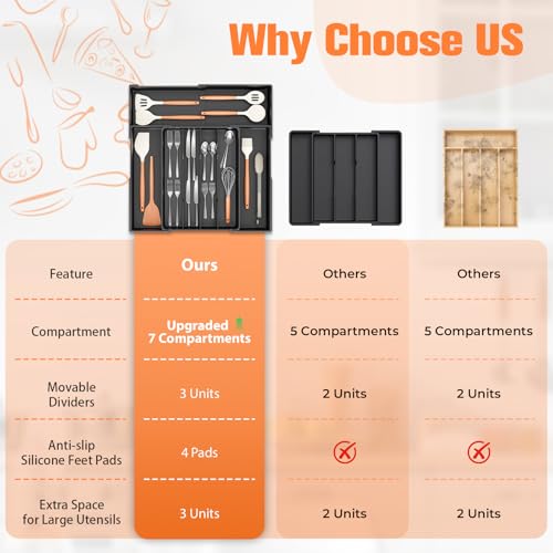 Ceecysaa Cutlery Organizer, Expandable Utensil Organizer for Kitchen, Utensil Holder, Adjustable Cutlery Tray Drawer Organizer for Spoons Forks Knives,Kitchen Organizers and Storage,Black(4-7 Slots) by Ceecysaa - Image 9