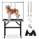 niffgaff Dog Grooming Table with Arm, Hammock & Nooses, 30' H Foldable Heavy Duty Pet Grooming Station, 35.5' L×23.6' W Non-Slip Waterproof Tabletop, 33.5' Height Adjustable Stainless H-Frame Arm