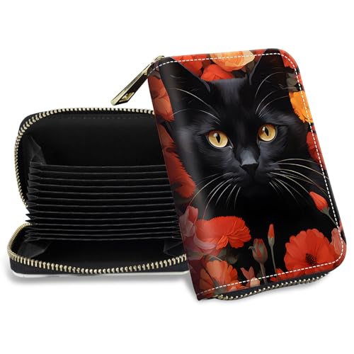 DHYYDSQZ Credit Card Holder with Zipper, Slim RFID Blocking Card Wallet for Women Men Black Cat Flower Design PU Leather Small Accordion Card Case Wallet, ID Card Organizer, Pocket Business Card Case