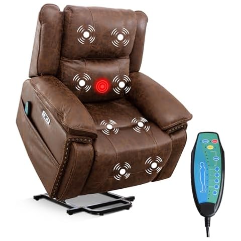 Dual Motor Power Lift Recliner Chair for Elderly with Adjustable Headrest, Lift Chairs with Massage and Heat, Leather Electric Recliner Chairs for Seniors with USB, 2 Concealed Cup Holders, Brown Cover