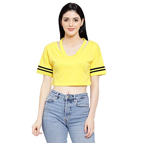 Image of LE BOURGEOIS Women Solid Loose Fit Desiger V-Neck Short Sleeve Dance Party Casul Crop Top