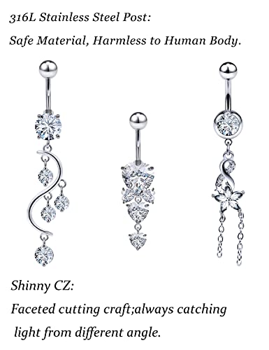 Vsnnsns 14G Belly Button Rings For Women Stainless Steel Cz Opal Long Dangle Belly Button Piercing Jewelry Belly Rings Bars Curved Navel Ring Barbell Body Jewelry Piercing For Women Men Silver 8Pcs #TOP4